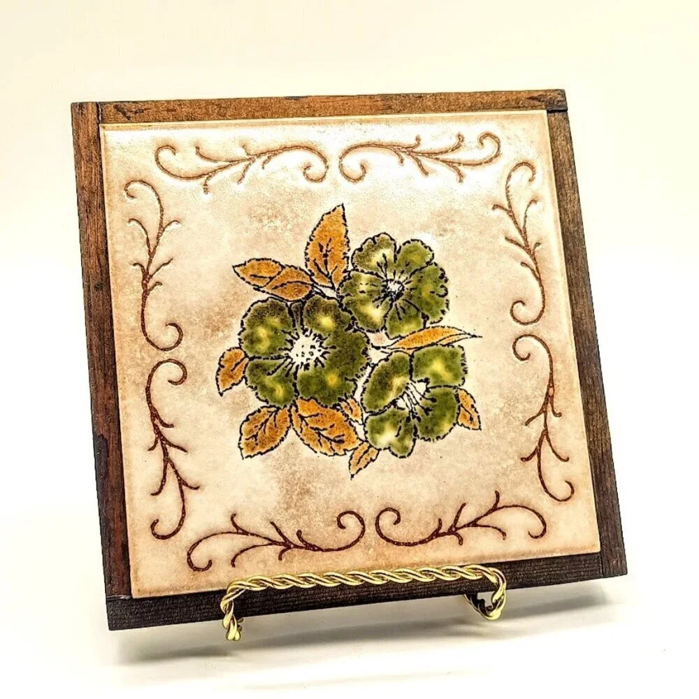 Vintage Italian Wood Square Ceramic Tile Trivet - Floral